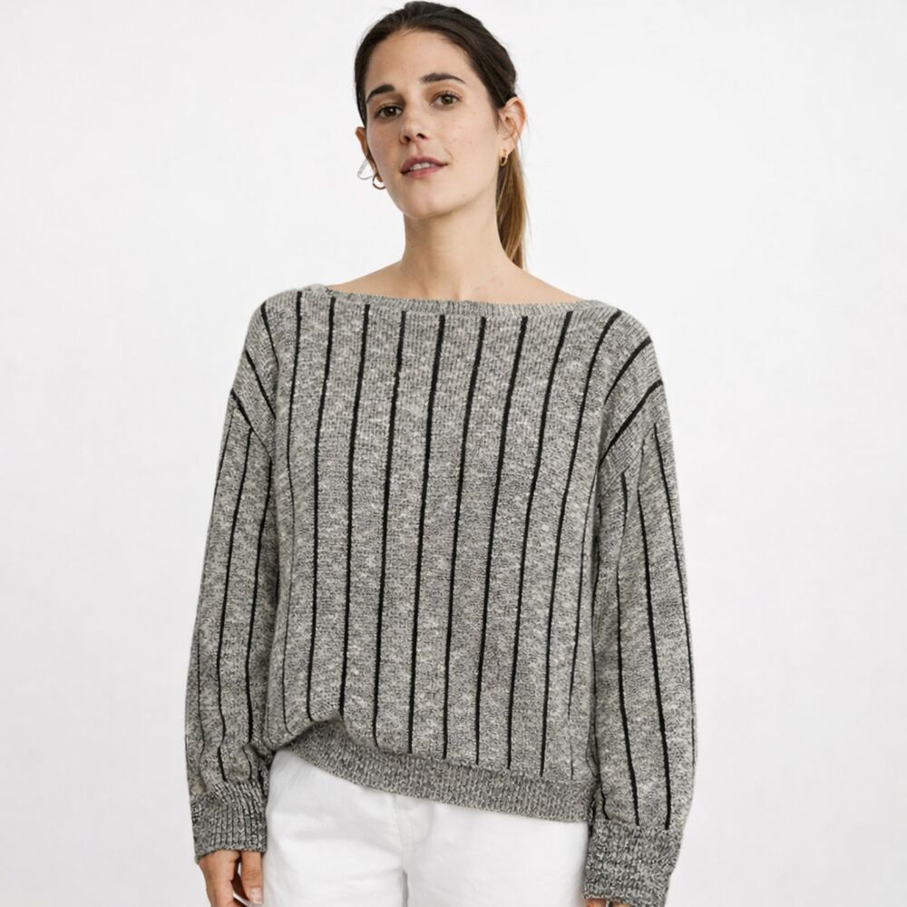 Vintage Lucia Wool Blend Sweater M Black White Square Neck 80s Cozy Knit